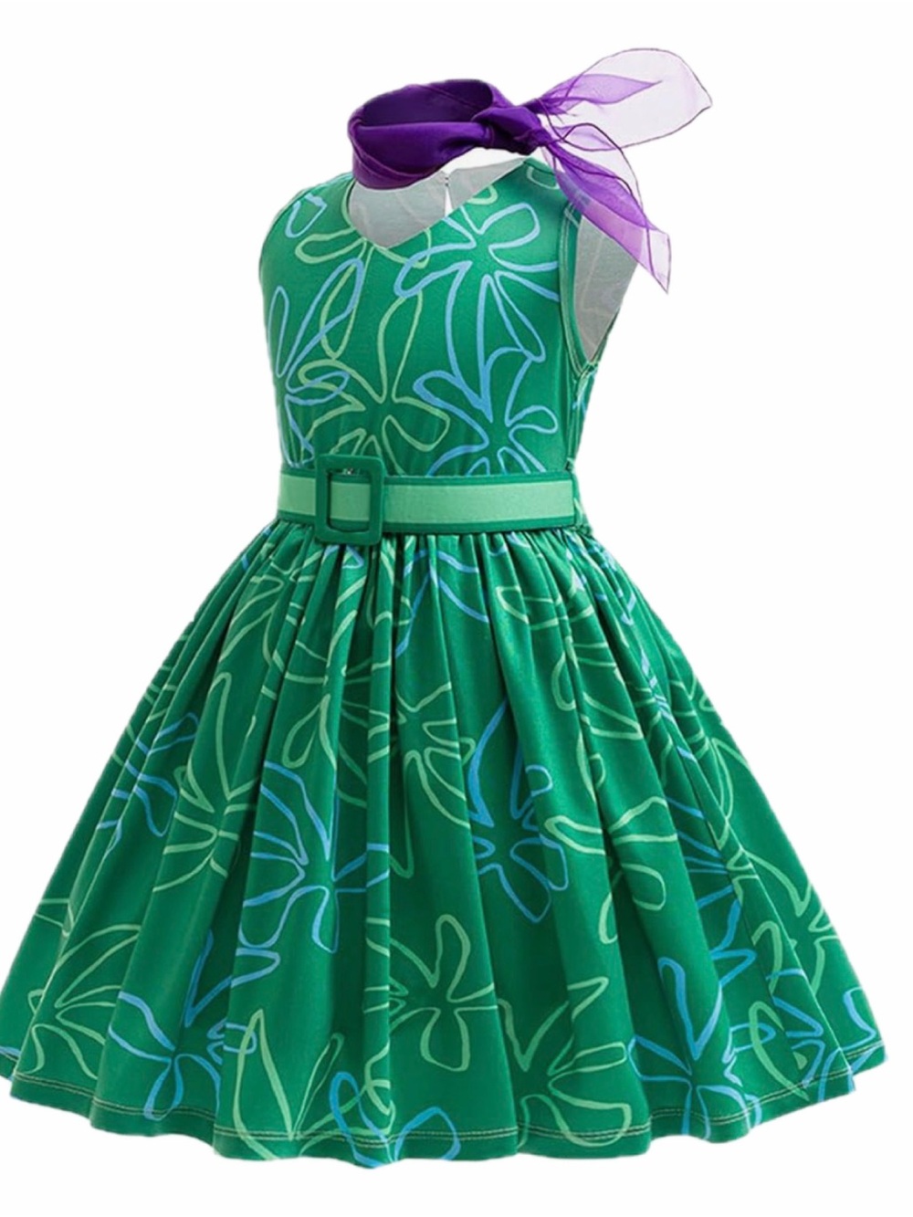 Amazon Green Floral Belted Kids Dress with Purple Scarf Accent
